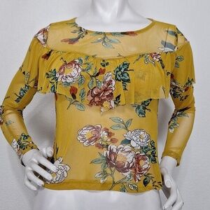 Haute Monde (NEW) Floral Bohemian Hippie Boho Mesh Ruffle Sheer Blouse Size S